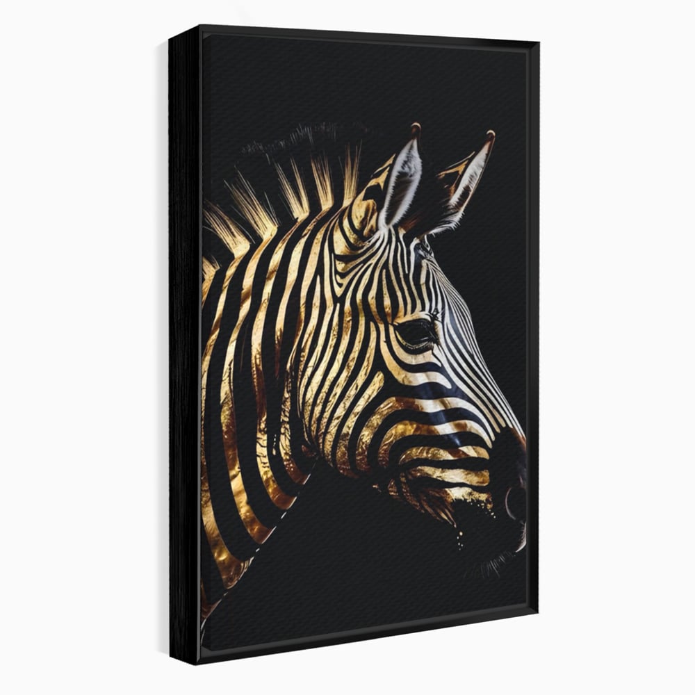 Tablou canvas cu tablou canvas cu cap de zebra aurie, in rama de aluminiu negru